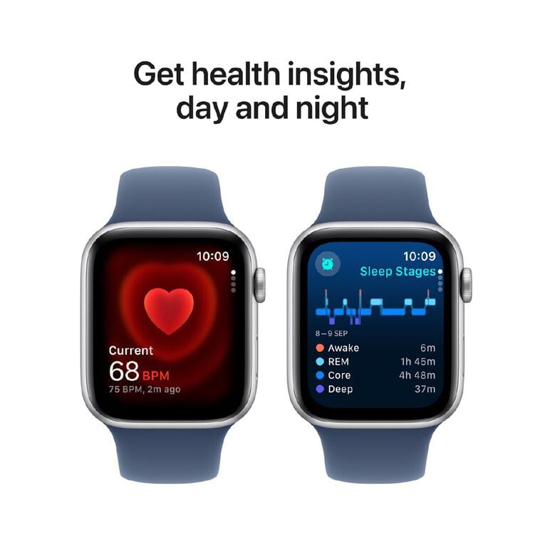 Apple Watch SE GPS 44mm Silver Aluminium Case with Denim Sport Band S/M, , hi-res