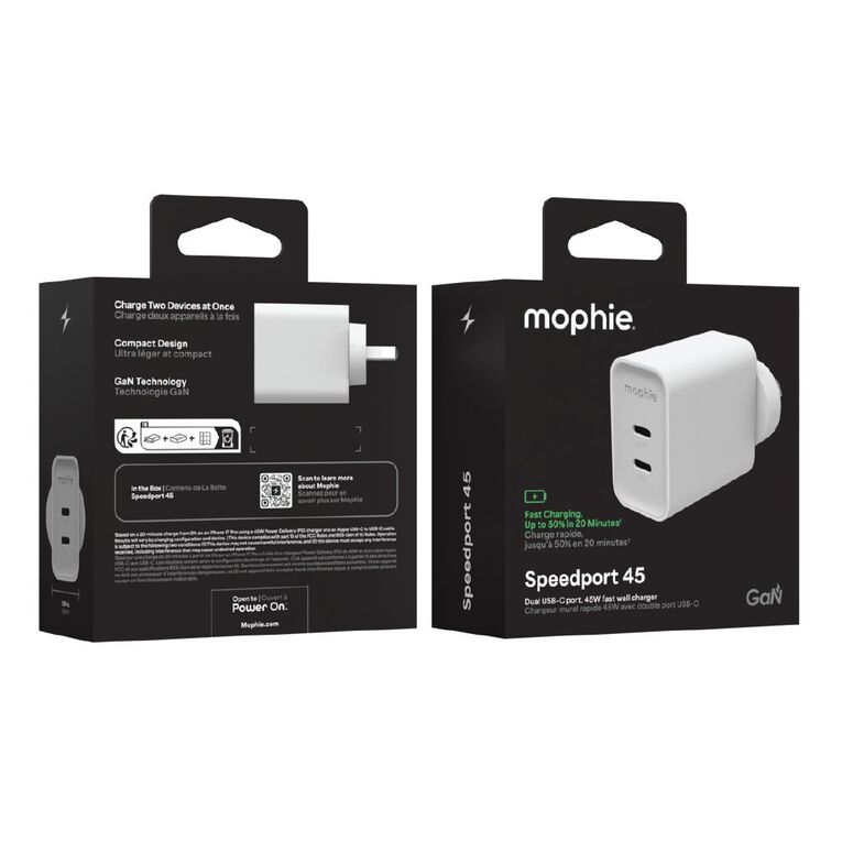 Mophie Speedport 45W Dual USB-C GaN Wall Charger - White, , hi-res