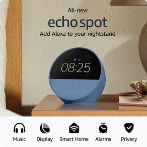 Amazon Echo Spot 2024 Smart Alarm Clock With Vibrant Sound plus Alexa - Ocean Blue