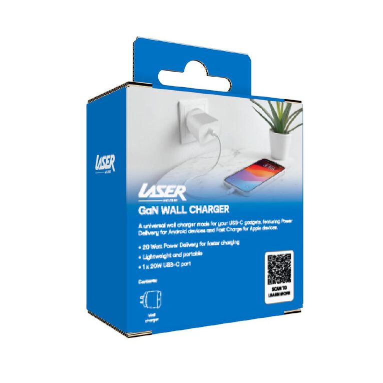 Laser USB-C 20W GaN Wall Charger -White, , hi-res