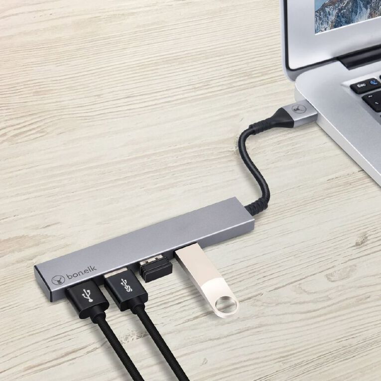 BONELK Long-Life USB-A to 4 Port USB 3.0 Slim Hub (Space Grey), , hi-res