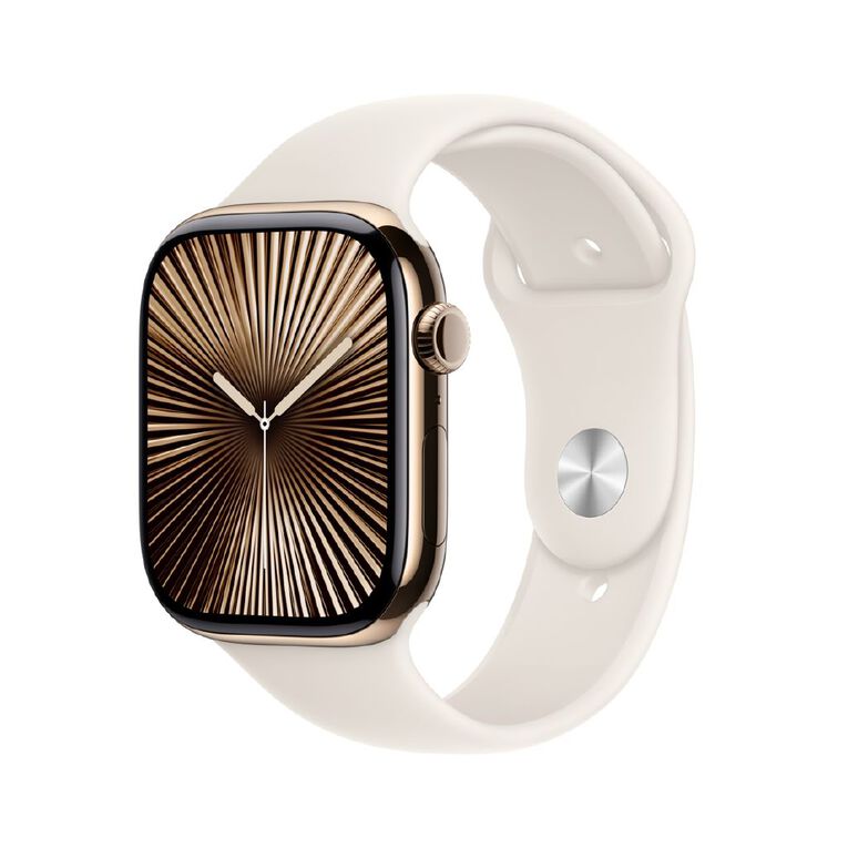 Apple Watch Series 10 GPS + Cellular 46mm Gold Titanium Case with Starlight Sport Band M/L, , hi-res