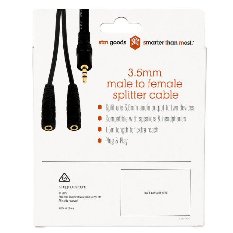 STM 3.5mm (Male) to 3.5mm (Female) Splitter Audio Cable, 1.5m - Black, , hi-res