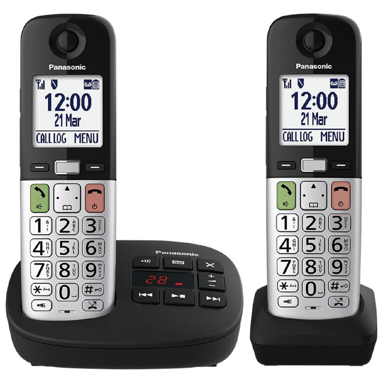 Panasonic Twin Handset Cordless Phone with Large Buttons and Answering System - Black, , hi-res