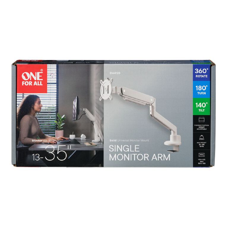 One for All Single Monitor Arm for 13in-35in Monitors - White, , hi-res