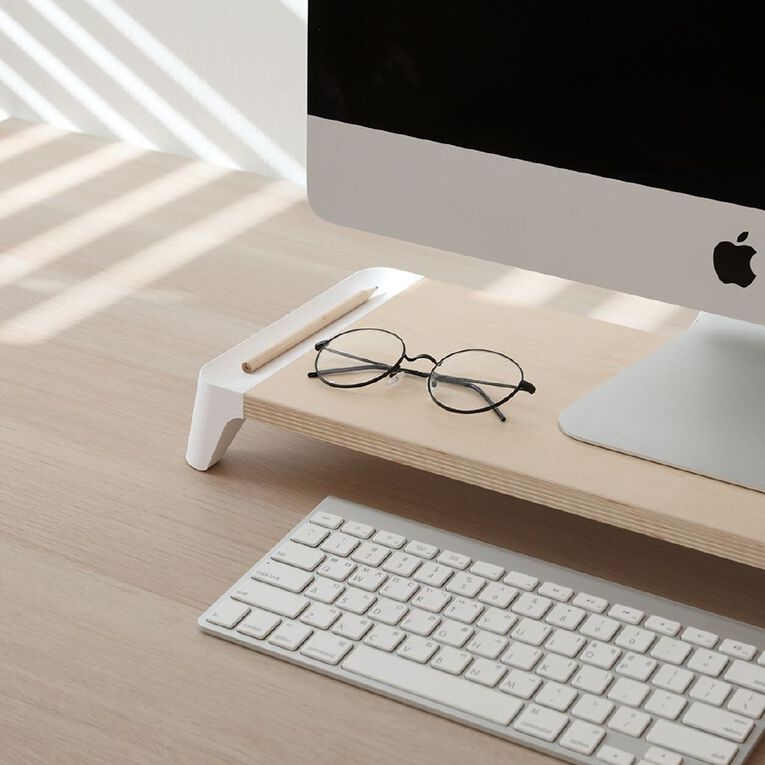 Pout Eyes6 Wooden Monitor Stand with Wireless Charger White Noel