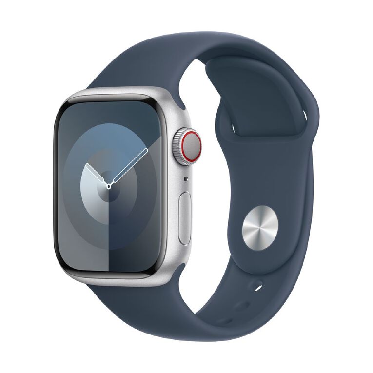 Apple Watch S9 GPS + Cellular 41mm Silver Aluminium Case with Storm Blue Sport Band - S/M, , hi-res