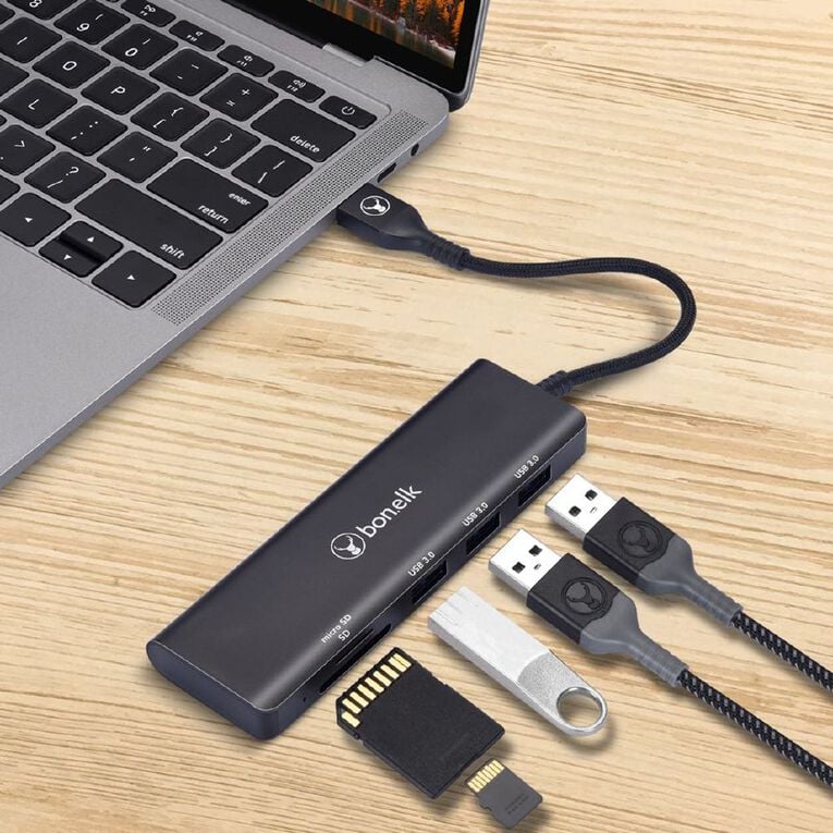 Bonelk Long-Life USB-A to 3 Port Hub + SD/TF Reader - Black, , hi-res