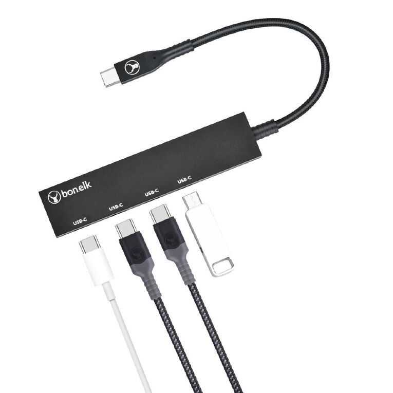 Bonelk Long-Life USB-C to 4 Port USB-C 3.0 Slim Hub - Black, , hi-res