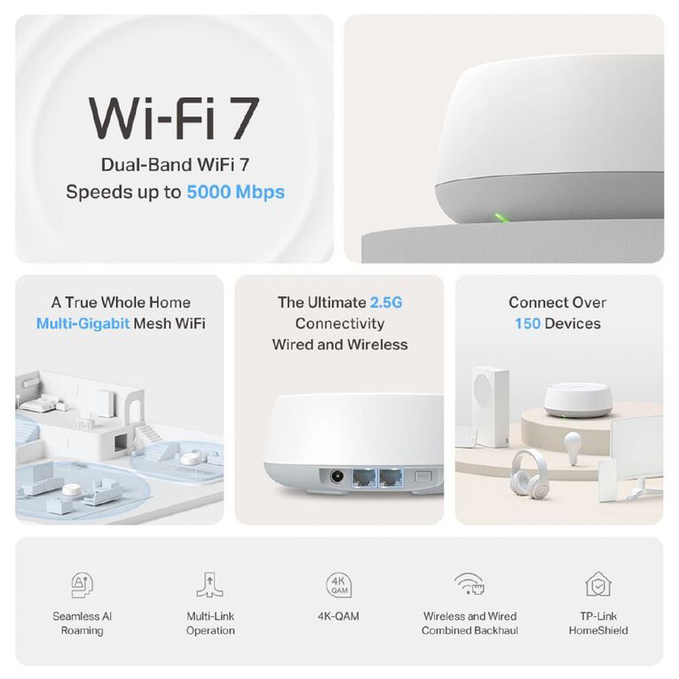 TP-Link Deco BE25 1 Pack BE5000 Whole Home Mesh Wi-Fi 7 System, , hi-res