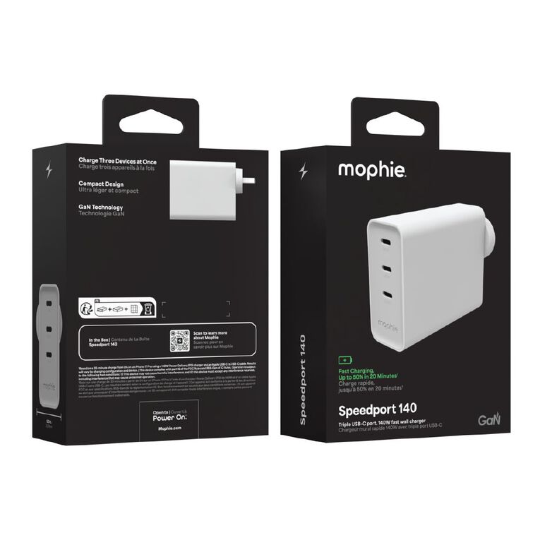 Mophie Speedport 140W 3-Port USB-C GaN Wall Charger - White, , hi-res