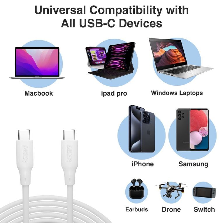 Laser 60W USB-C to USB-C Cable (2 Pack) 1m - White, , hi-res