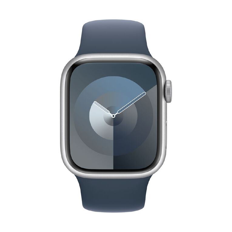 Apple Watch S9 GPS + Cellular 41mm Silver Aluminium Case with Storm Blue Sport Band - S/M, , hi-res