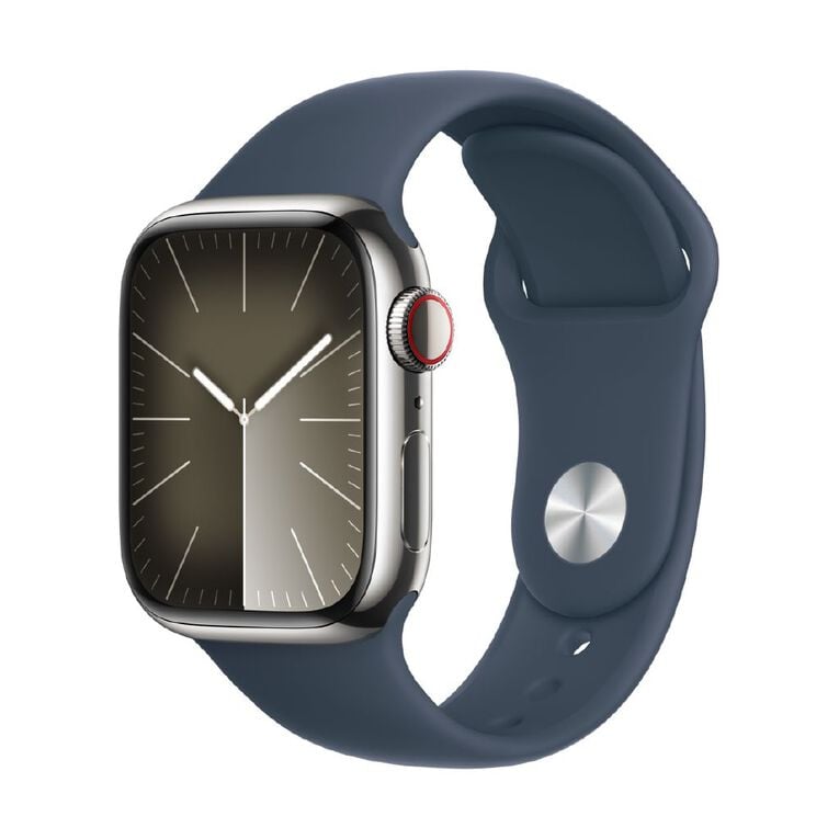 Apple Watch S9 GPS + Cellular 41mm Silver Stainless Steel Case with Storm Blue Sport Band - M/L, , hi-res