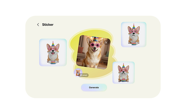 A photo of a dog wearing sunglasses has been used to create a sticker pack of various emotions in Creative Studio.