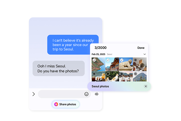 During a text conversation, someone asks for photos from a trip to Seoul. Now Nudge has intelligently prompted the user with a Share photos button. A search bar with the keywords Seoul photos is seen with a Gallery pop up showing the relevant photos. The user can then view and select photos.