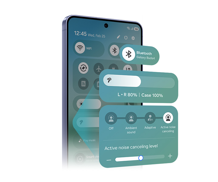 A Galaxy smartphone with the Quick Panel open, focusing on the new One UI 8.5. Bluetooth, volume, noise canceling features are highlighted.