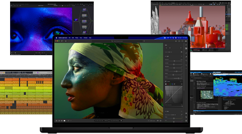 A variety of colourful screen content from music production, video editing, 3D animation and photo editing apps on Mac, demonstrating powerful graphics performance
