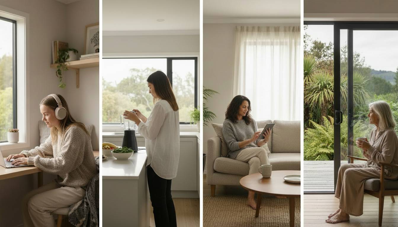 Diverse Kiwi women at different life stages enjoying modern home tech and lifestyle gifts.
