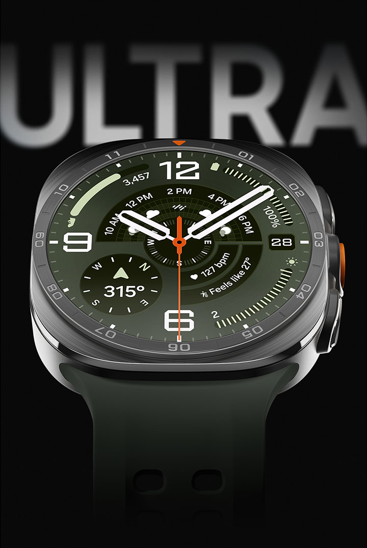 Galaxy Watch Ultra2 in Titanium Silver with a Marine Band in Olive shown up close, facing front and angled slightly upward, highlighting the overall bold, premium watch design. The word ULTRA appears in large text in the background.