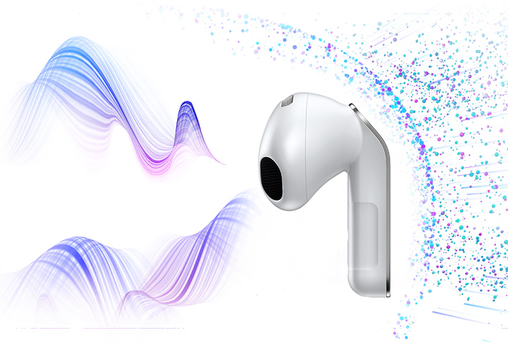 A single Galaxy Buds4 earbud. On the right are multiple dots that are entirely separated from the earbud, indicating the Active Noise Canceling feature.
