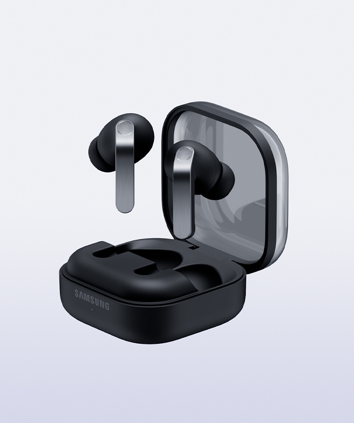 Black Galaxy Buds4 Pro Charging Case open with the earbuds above.