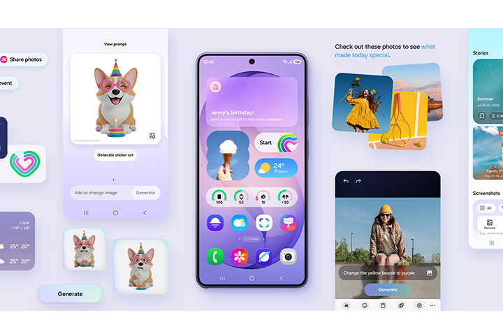 Galaxy S26 Ultra is seen from the main screen. Various active features that are more personalized to the user's needs and habits, flank the device. These include Creative Studio, Photo Assist and more.