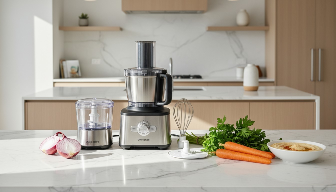 A modern New Zealand kitchen bench with a selection of compact and full-size food processors neatly arranged alongside fresh vegetables, herbs, and ingredients ready for prep.