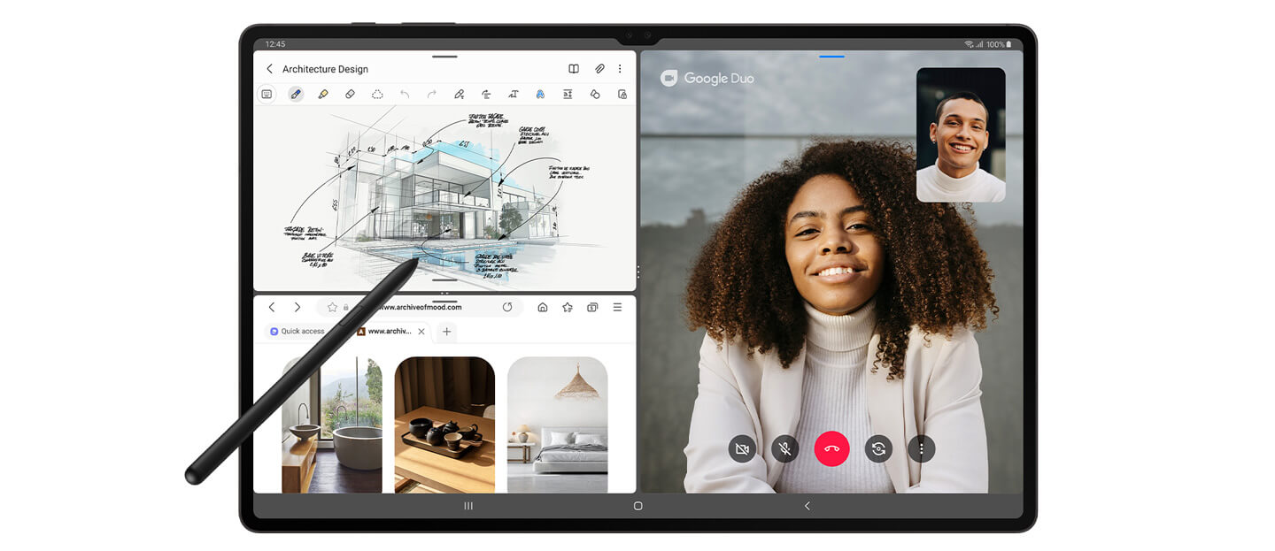 Multi Window dividing up the tablet screen into three sections.