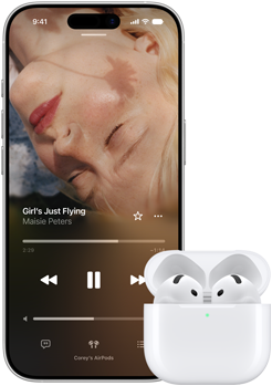 iPhone next to AirPods in charging case, case is open