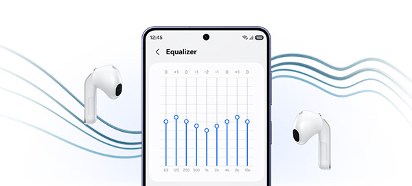 Galaxy Buds4 a pair of white on each side of Galaxy smartphone in the middle.