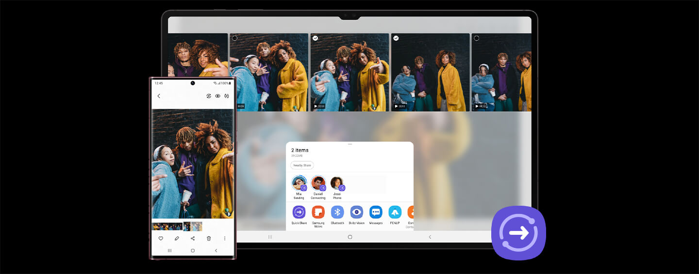 The Galaxy Tab S8 Ultra using Quick Share to share photos to a phone