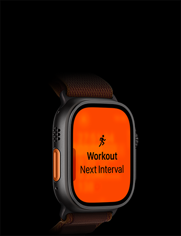 Apple Watch Ultra 4, titanium case, black colour, Running workout, next interval, left side exterior, orange Action button, Alpine Loop band