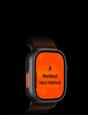 Apple Watch Ultra 4, titanium case, black colour, Running workout, next interval, left side exterior, orange Action button, Alpine Loop band