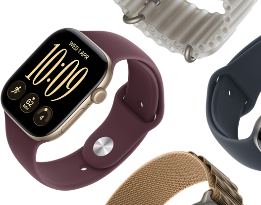 Apple Watch Series 11 bands: purple fog Sport Band, anchor blue Ocean band, light blue Alpine Loop
