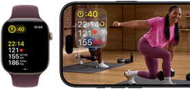 Apple Watch next to iPhone with Apple Fitness+ class on screen