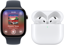 Apple Watch Series 12, aluminium case, black colour, black Sport Band, Apple Music app open, paired with AirPods 4