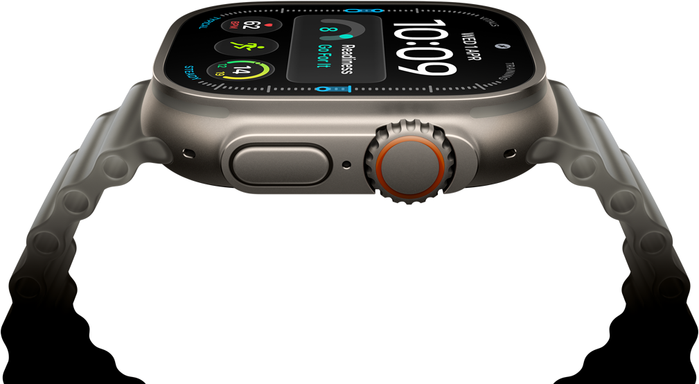 Apple Watch Ultra 4, titanium case, natural colour, digital clock face, complications: readiness, heart rate, Workouts, temperature, right side exterior, Digital Crown, raised side button, Ocean Band, translucent grey colour