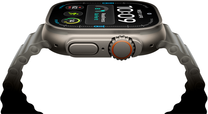 Apple Watch Ultra 4, titanium case, natural colour, digital clock face, complications: readiness, heart rate, Workouts, temperature, right side exterior, Digital Crown, raised side button, Ocean Band, translucent grey colour