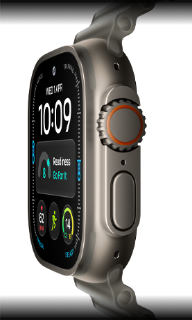 Apple Watch Ultra 4, titanium case, natural colour, digital clock face, complications: readiness, heart rate, Workouts, temperature, right side exterior, Digital Crown, raised side button, Ocean Band, translucent grey colour