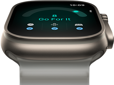 Apple Watch Ultra 4, titanium case, natural colour, readiness score of 8, right side exterior, Digital Crown, raised side button, Ocean Band, translucent grey colour