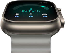 Apple Watch Ultra 4, titanium case, natural colour, readiness score of 8, right side exterior, Digital Crown, raised side button, Ocean Band, translucent grey colour