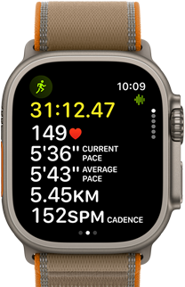 Apple Watch Ultra 4, titanium case, natural colour, advanced Outdoor Run workout metrics, right side exterior, Digital Crown, raised side button, Trail Loop band, sand colour