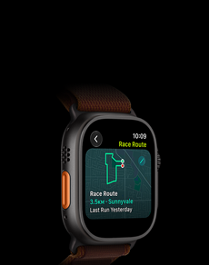 Apple Watch Ultra 4, titanium case, black colour, Race Route feature with a map of a running route, left side exterior, Action button, Alpine Loop band, burgundy colour