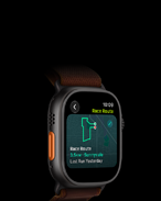Apple Watch Ultra 4, titanium case, black colour, Race Route feature with a map of a running route, left side exterior, Action button, Alpine Loop band, burgundy colour