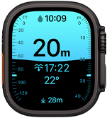Apple Watch Ultra 4, titanium case, black colour, Depth app showing diving metrics, right side exterior, Digital Crown, raised side button