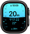 Apple Watch Ultra 4, titanium case, black colour, Depth app showing diving metrics, right side exterior, Digital Crown, raised side button