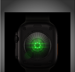 Back of Apple Watch Ultra 4, titanium case, black colour, multiple round sensors with glowing green LED lights