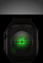 Back of Apple Watch Ultra 4, titanium case, black colour, multiple round sensors with glowing green LED lights