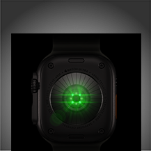 Back of Apple Watch Ultra 4, titanium case, black colour, multiple round sensors with glowing green LED lights